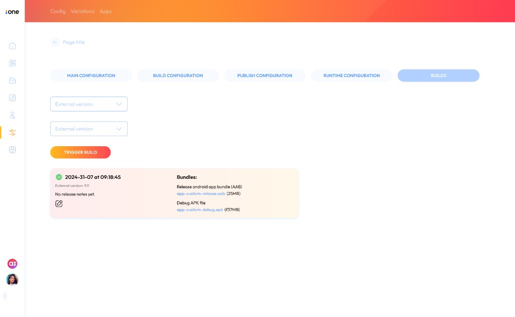 Earlier Accedo One Build view list with build cards and status.