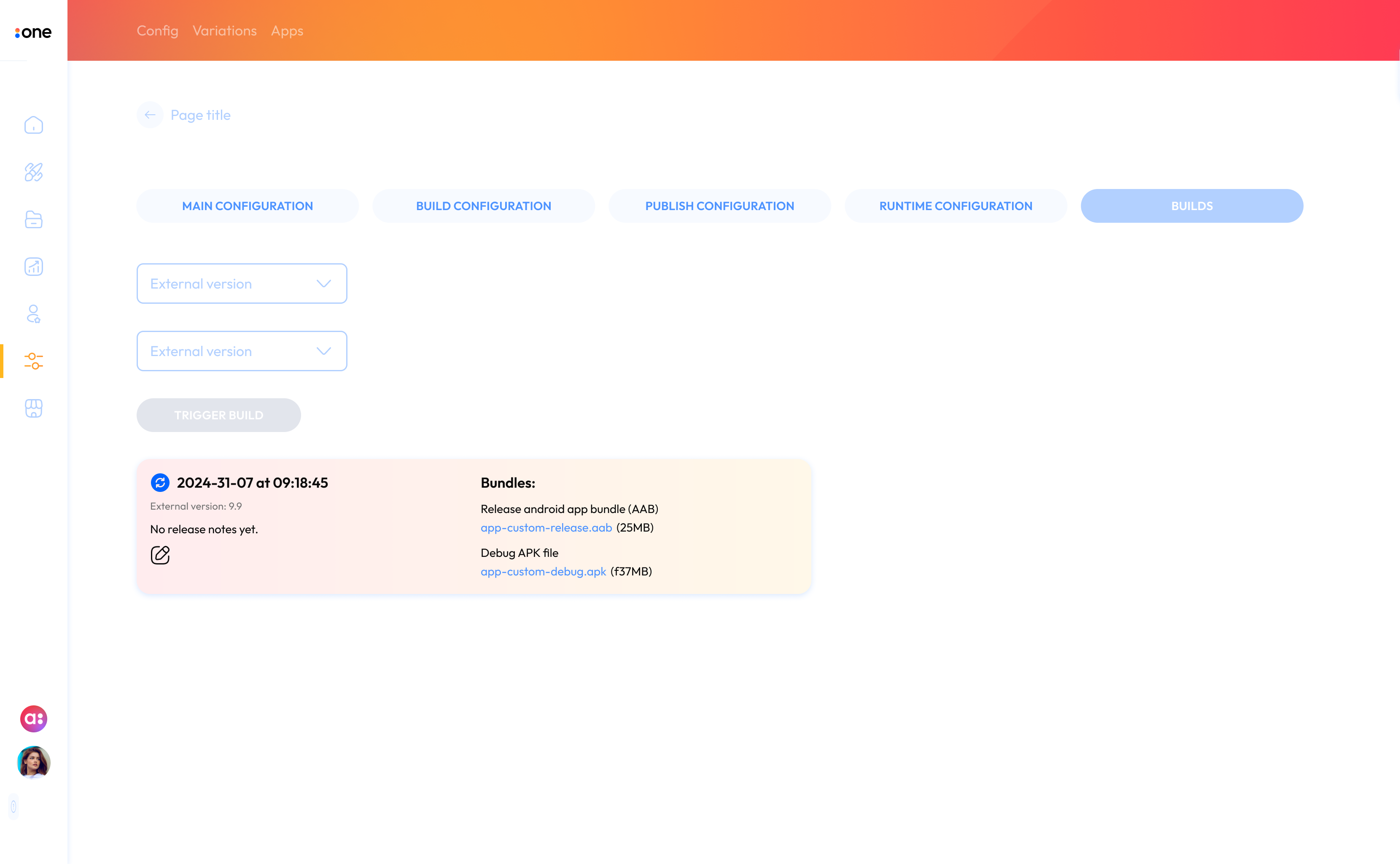 Earlier trigger-build modal in Accedo One Admin.