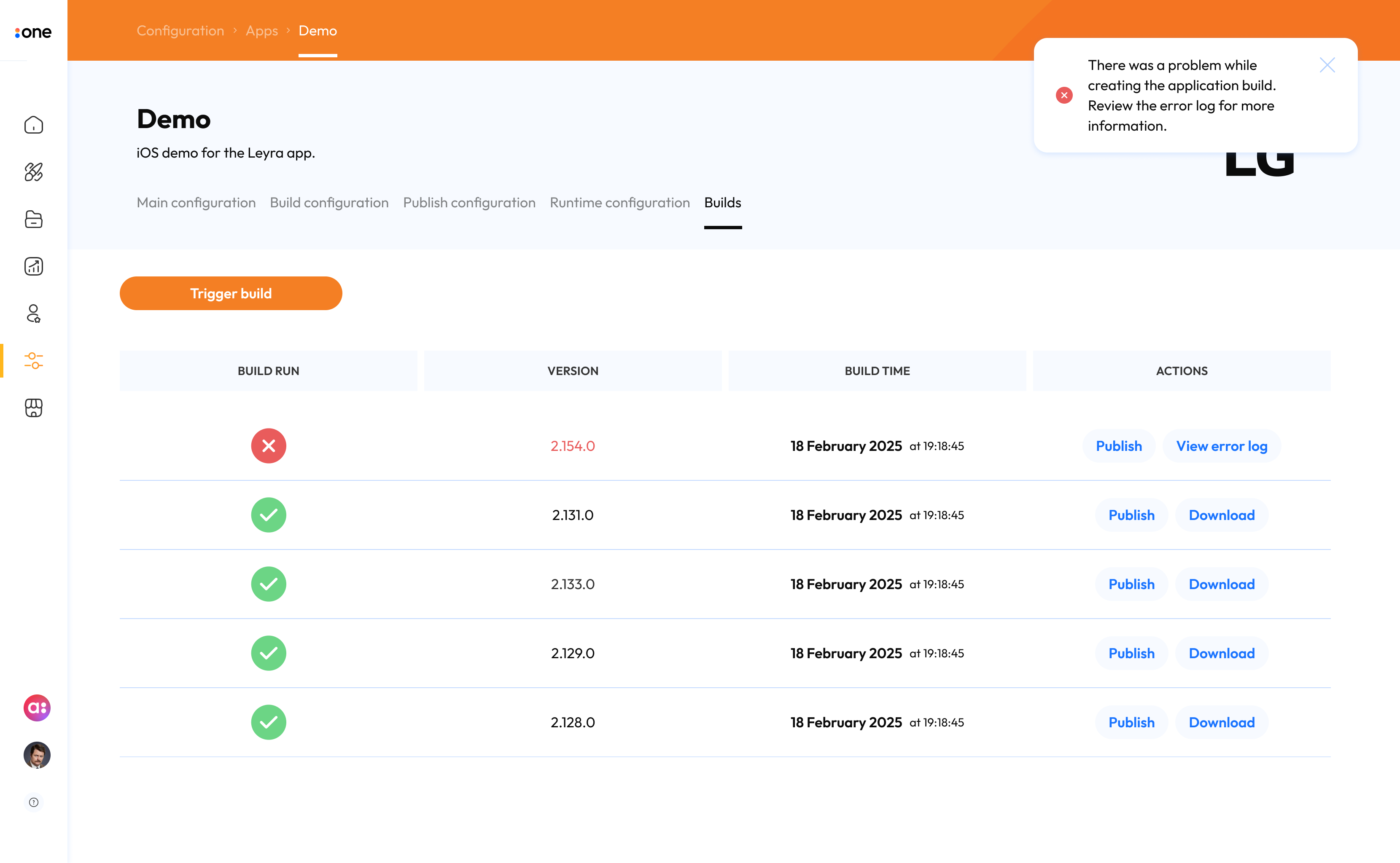 Redesigned failed build state with clearer error handling in Accedo One Admin.