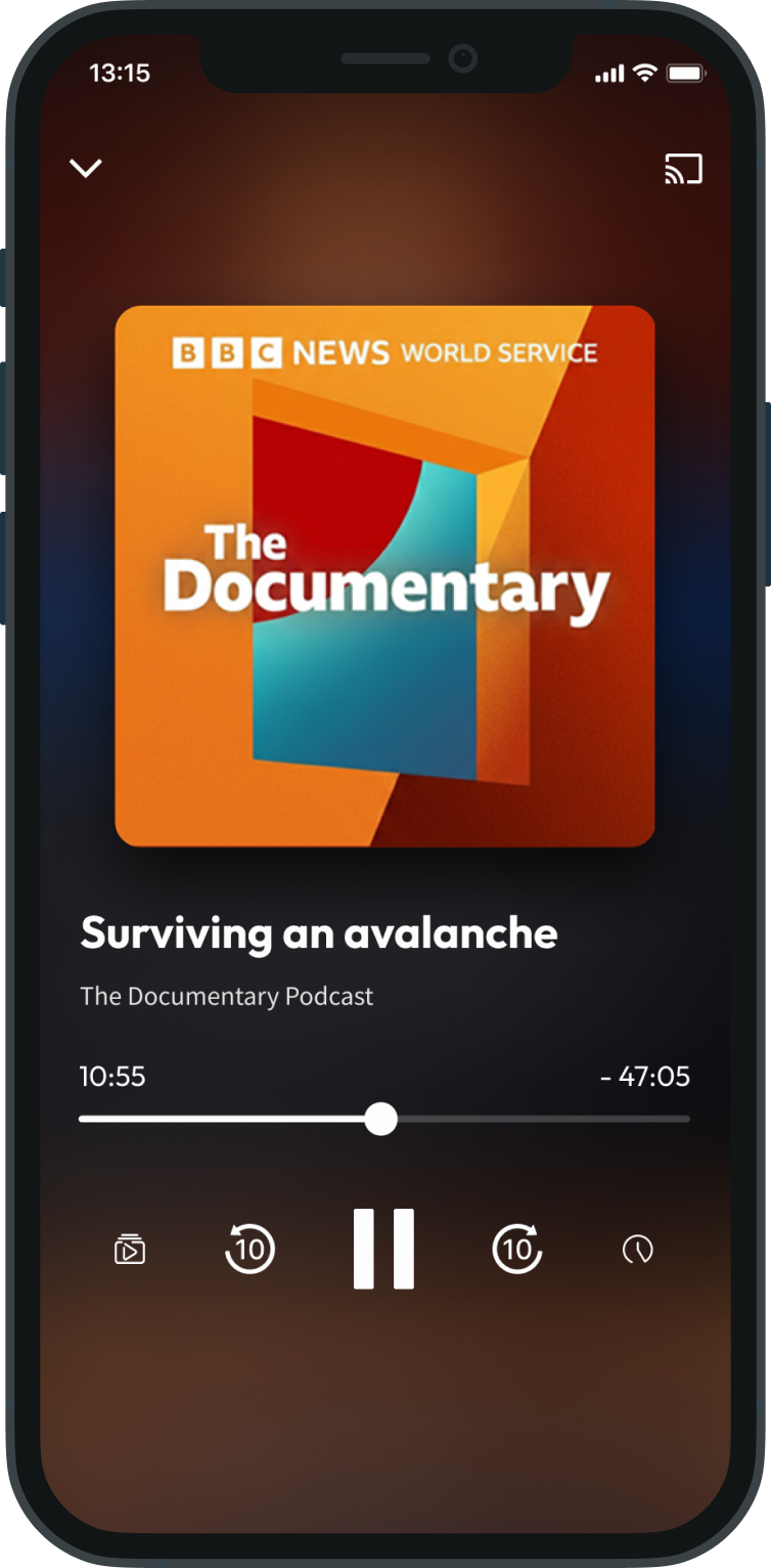 Mobile full audio player with artwork, progress, and listening controls.