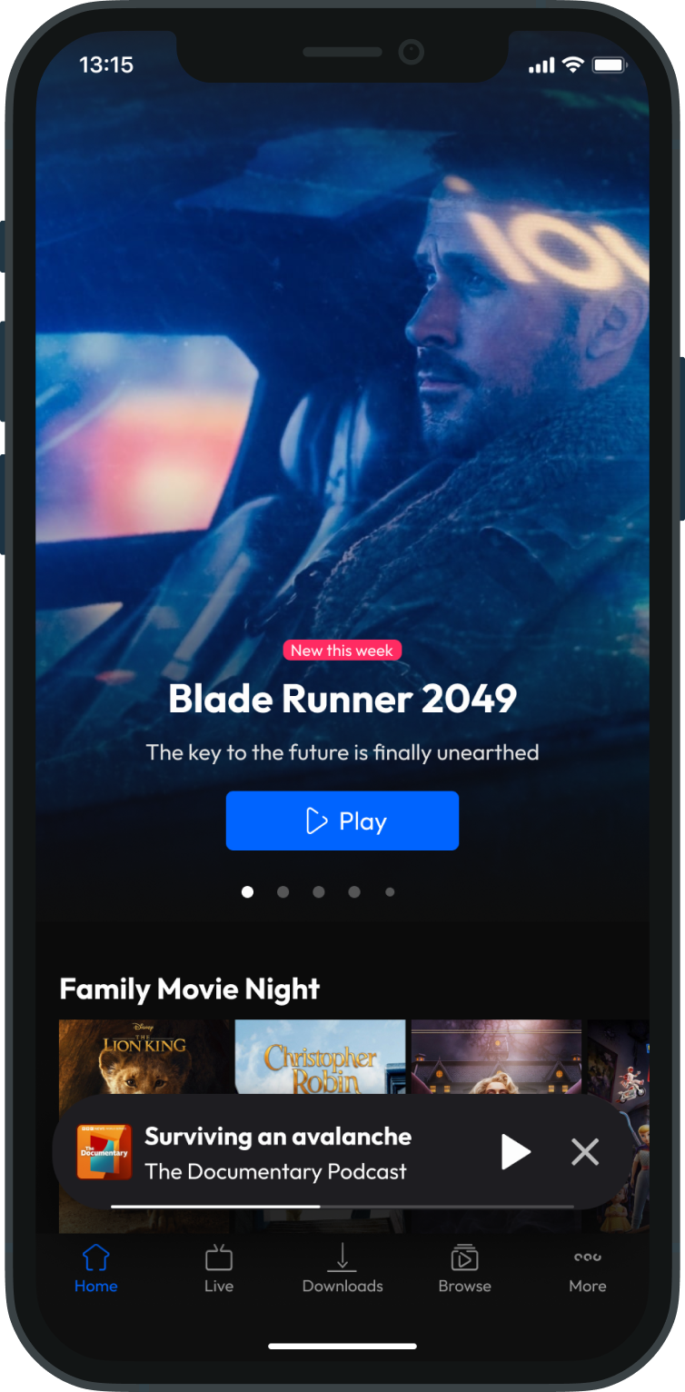 Mobile home screen with a persistent audio mini-player.