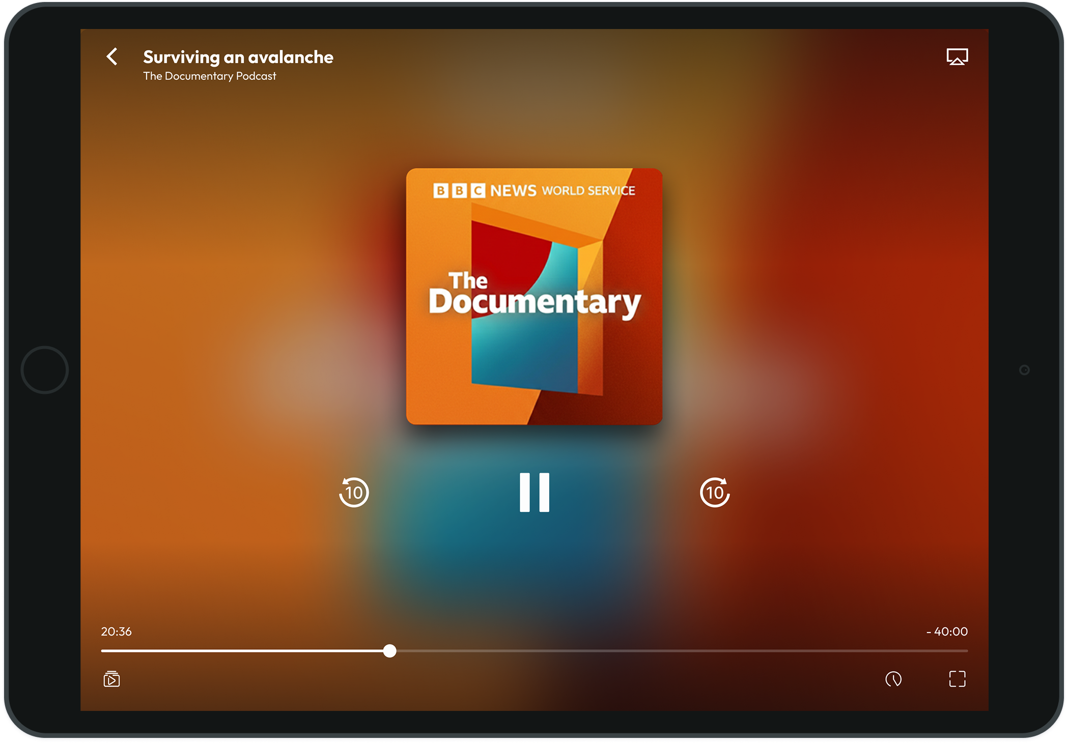 Tablet full audio player with artwork, progress, and listening controls.