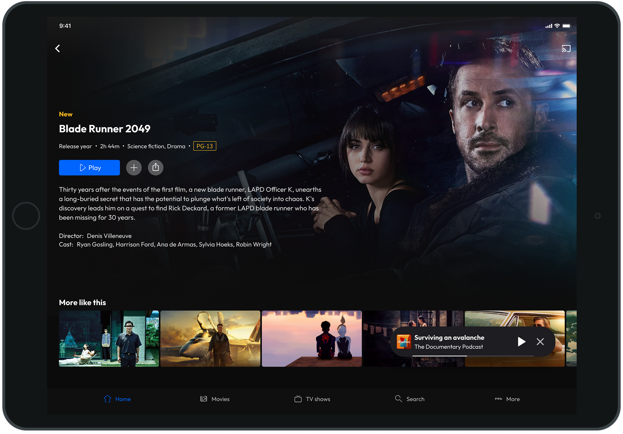 Tablet browsing view with a persistent audio mini-player.