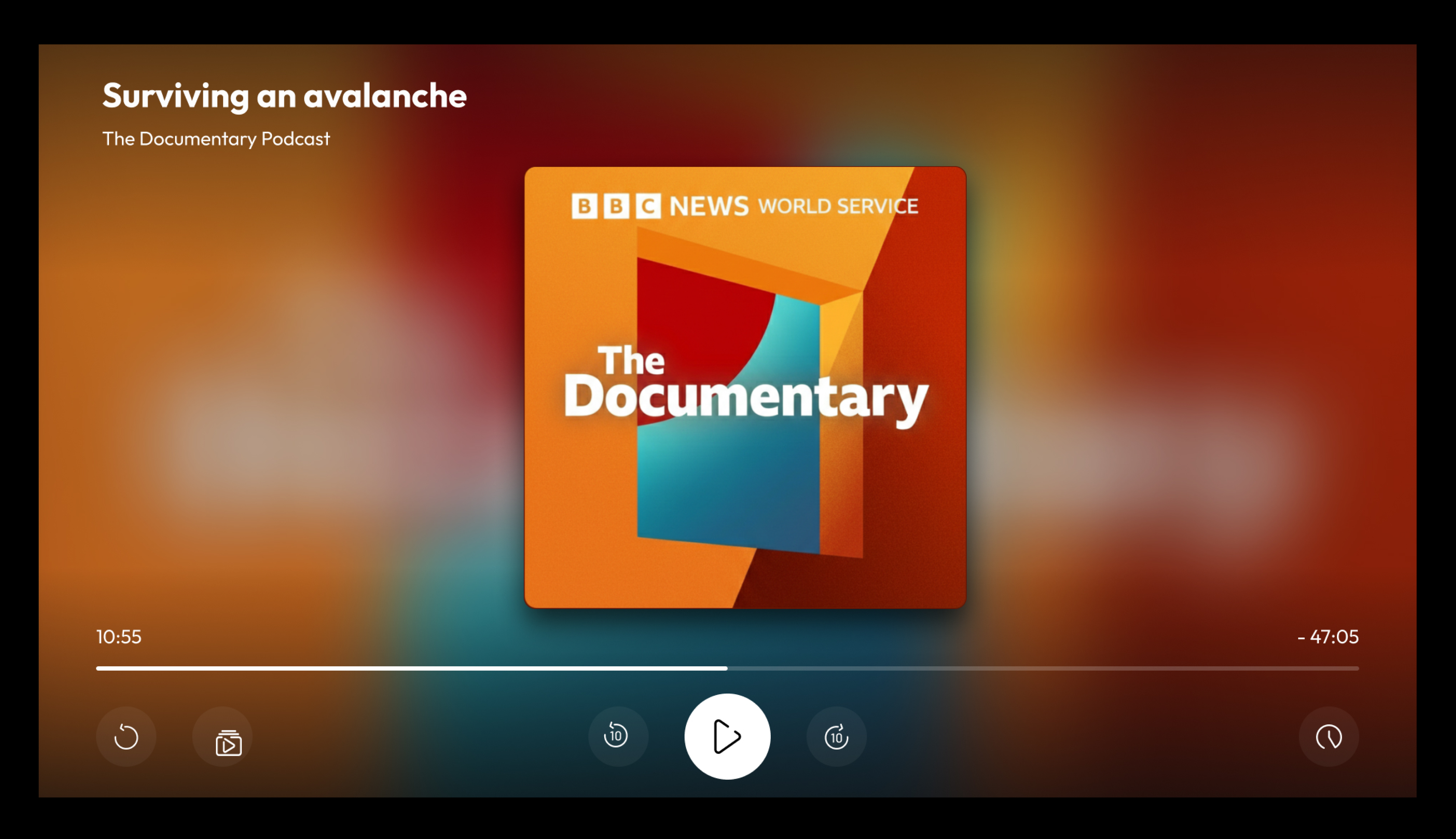 TV full audio player with artwork, progress, and listening controls.