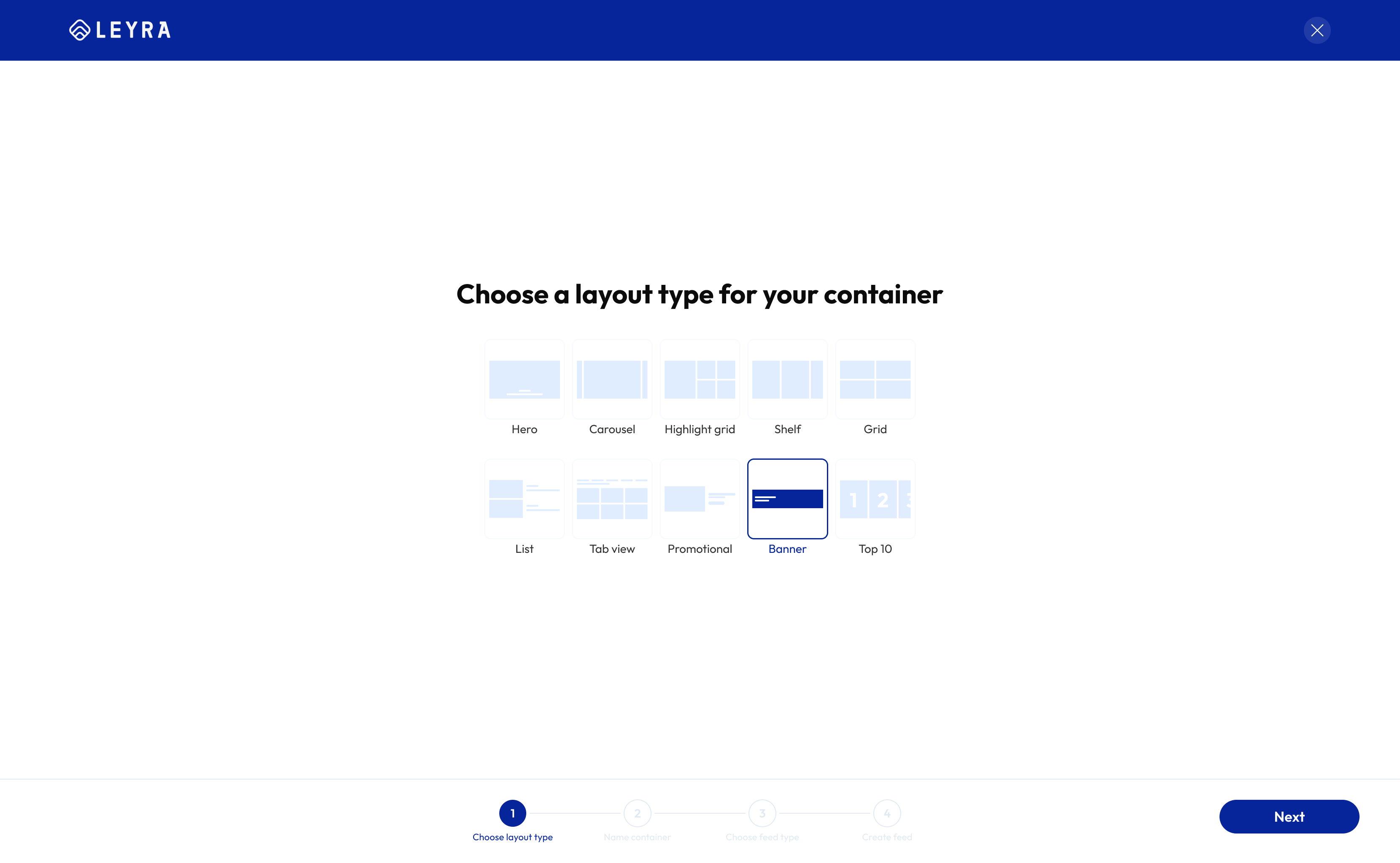Choose container layout type when adding a content container in Accedo One Admin.