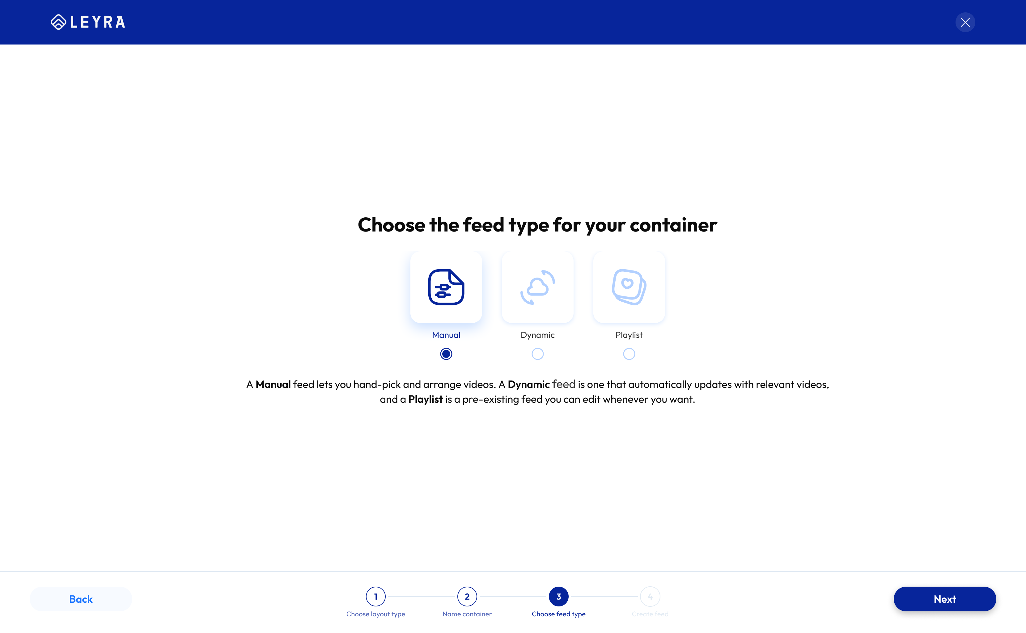 Choose container feed type when configuring a content container in Accedo One Admin.