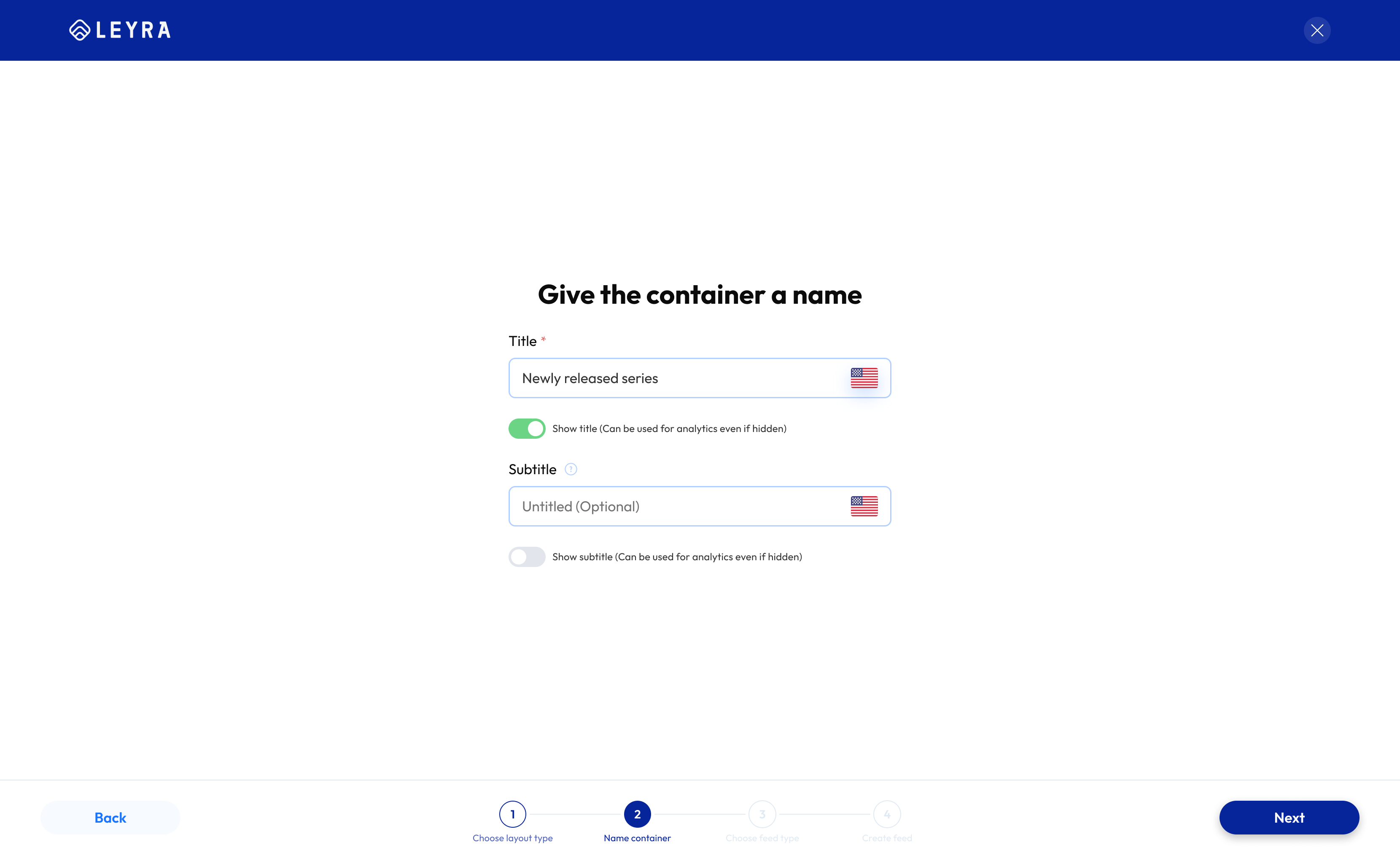 Name the container step in Accedo One Admin.