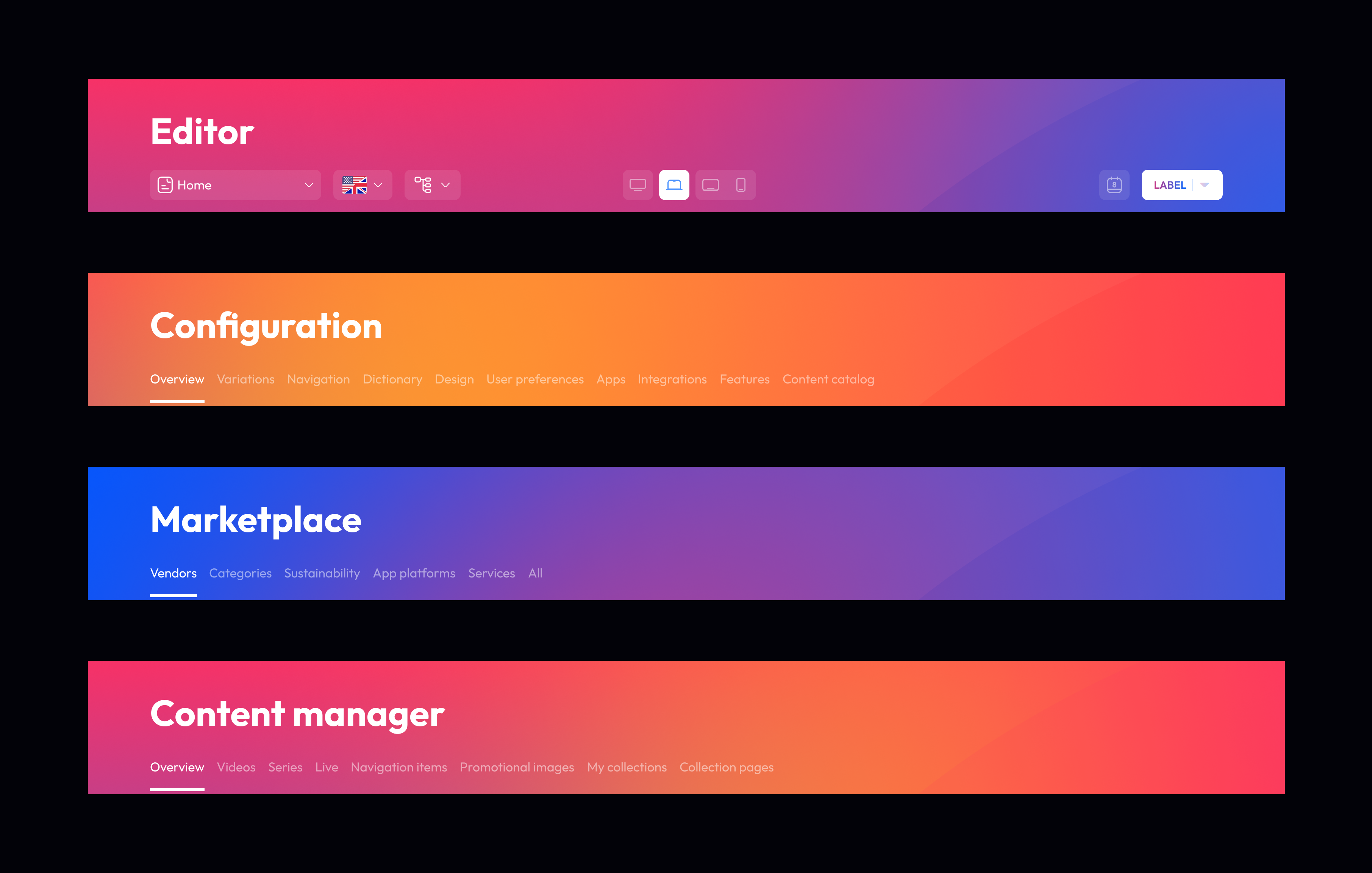 Earlier Accedo One Admin page header examples.