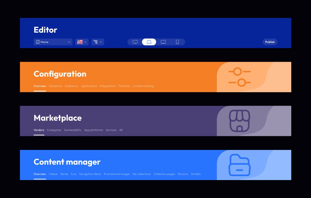 Redesigned Accedo One Admin page header system across product sections.