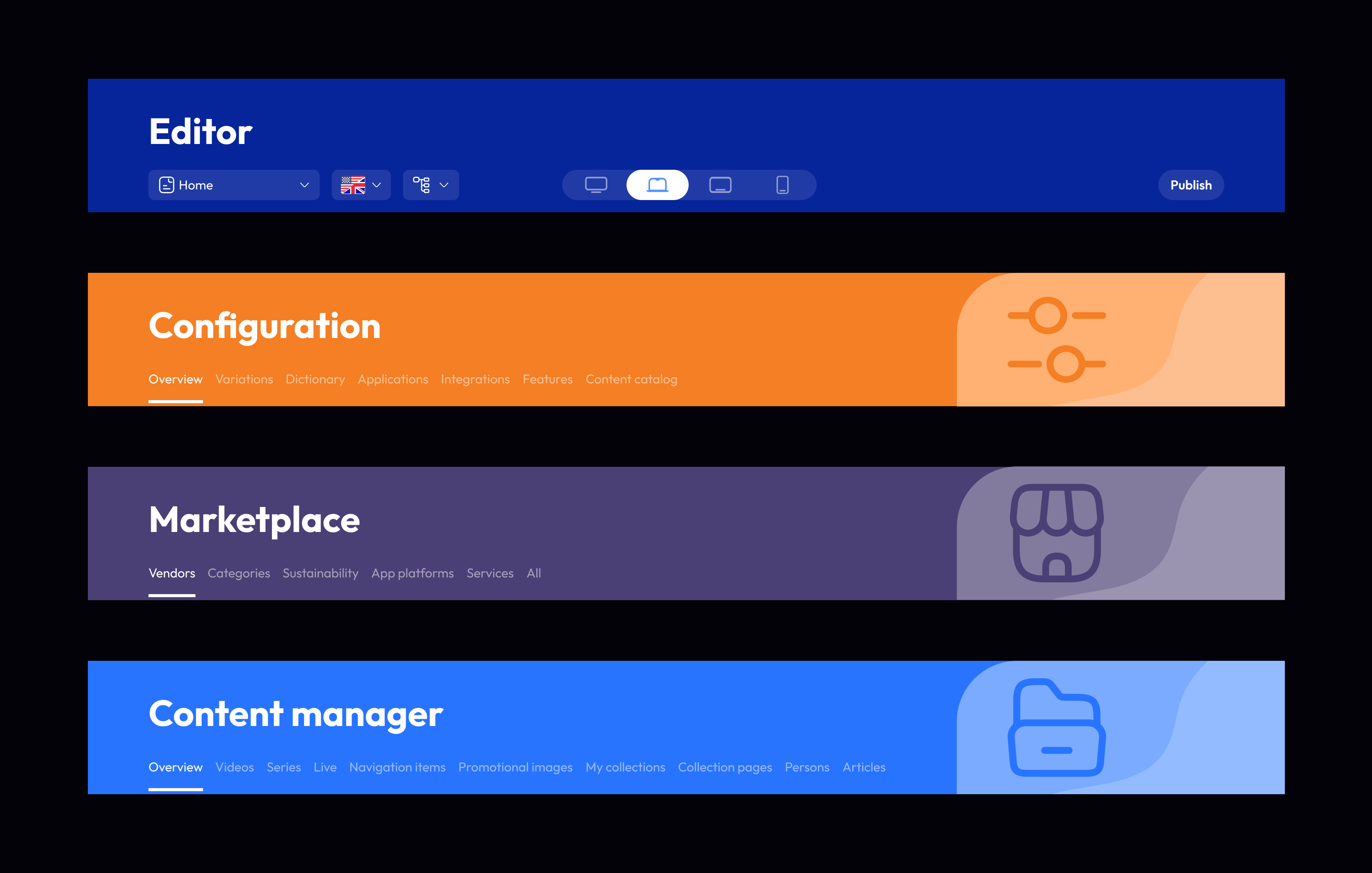 Redesigned Accedo One Admin page header system across product sections.