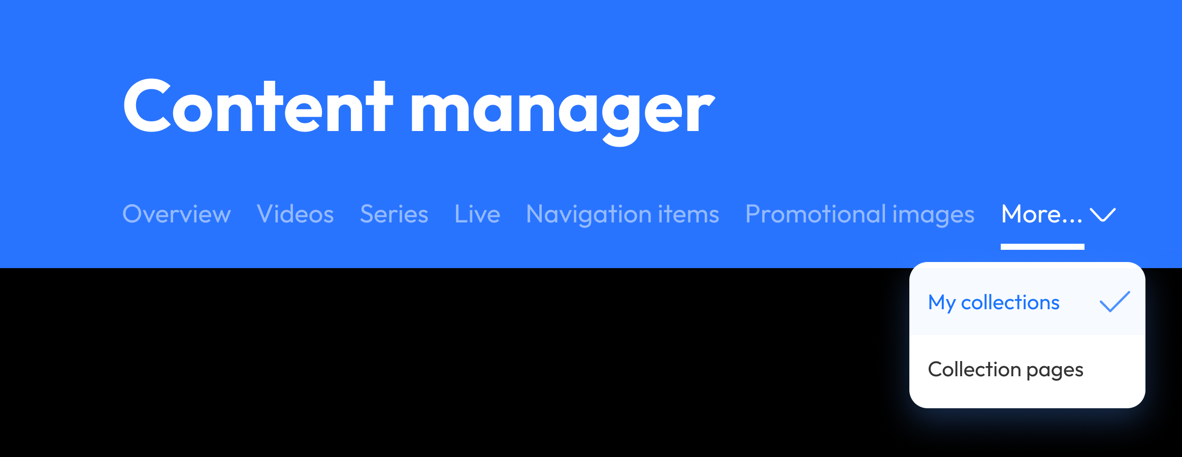Responsive page header navigation with More menu and selected item feedback.
