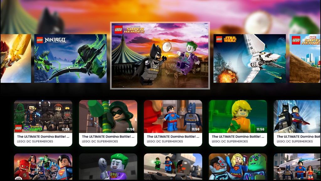 LEGO TV Smart TV home: featured theme carousel and episode grid