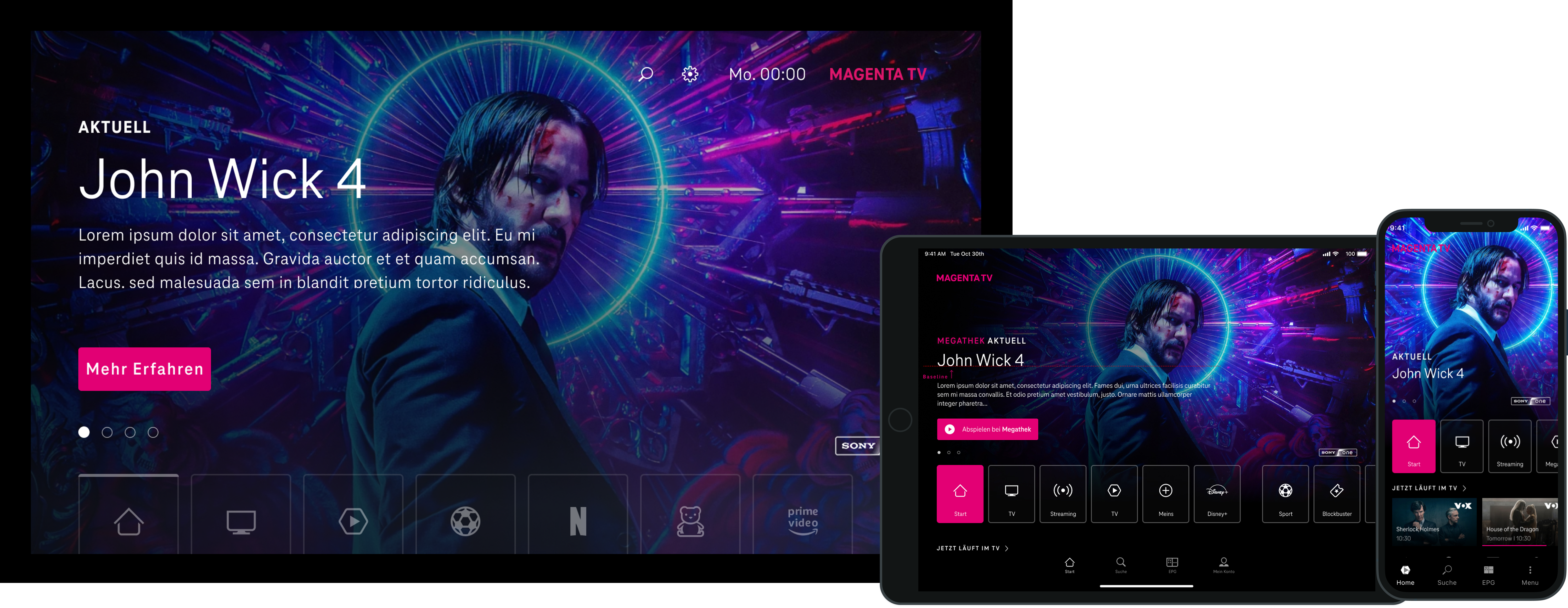 Magenta TV across TV, tablet, and phone — hero content frame