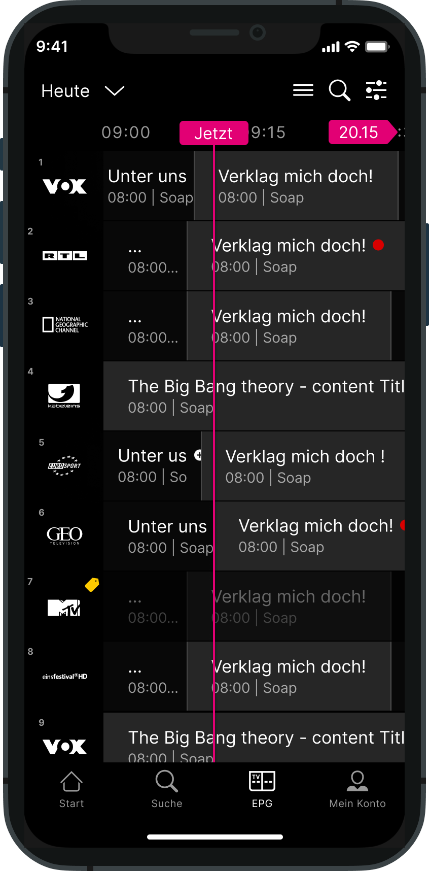 Mobile UI: Magenta TV live TV programme guide