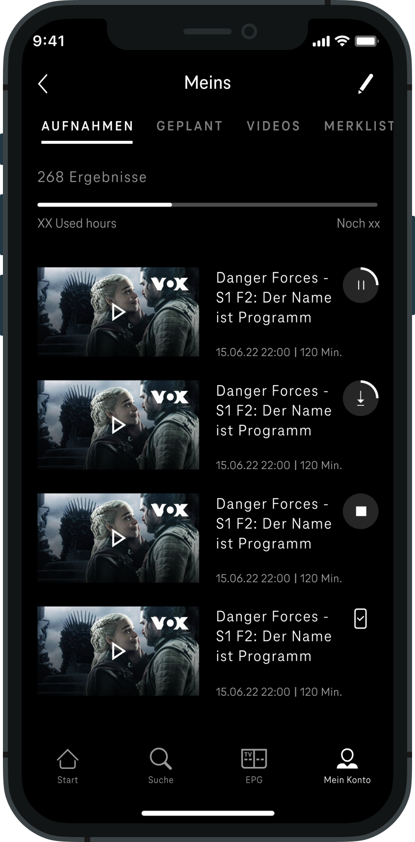 Mobile UI: Magenta TV my content and recordings