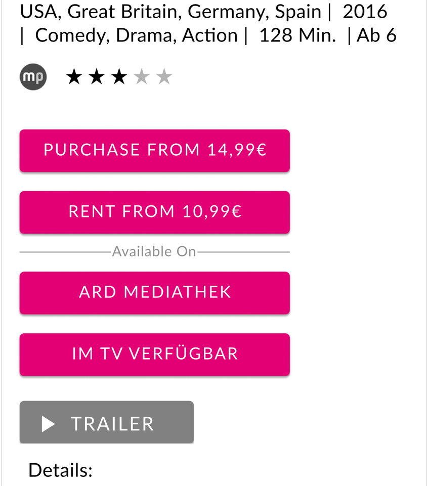 Earlier Magenta TV mobile detail-page direction with partner and secondary actions in a stacked rectangular CTA hierarchy.