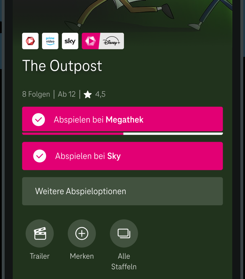Shipped Magenta TV mobile detail page with equal-weight rectangular broadcaster CTAs and circular secondary actions.